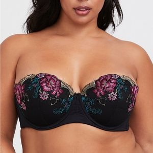 BLACK FLORAL EMBROIDERED MICROFIBER PUSH-UP STRAPL
